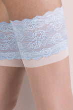 Nude stockings with blue lace top