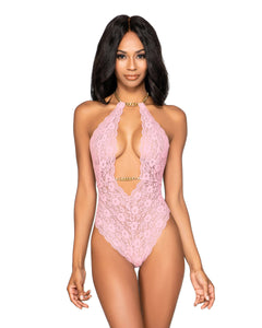 Hot pink lace bodysuit with chain