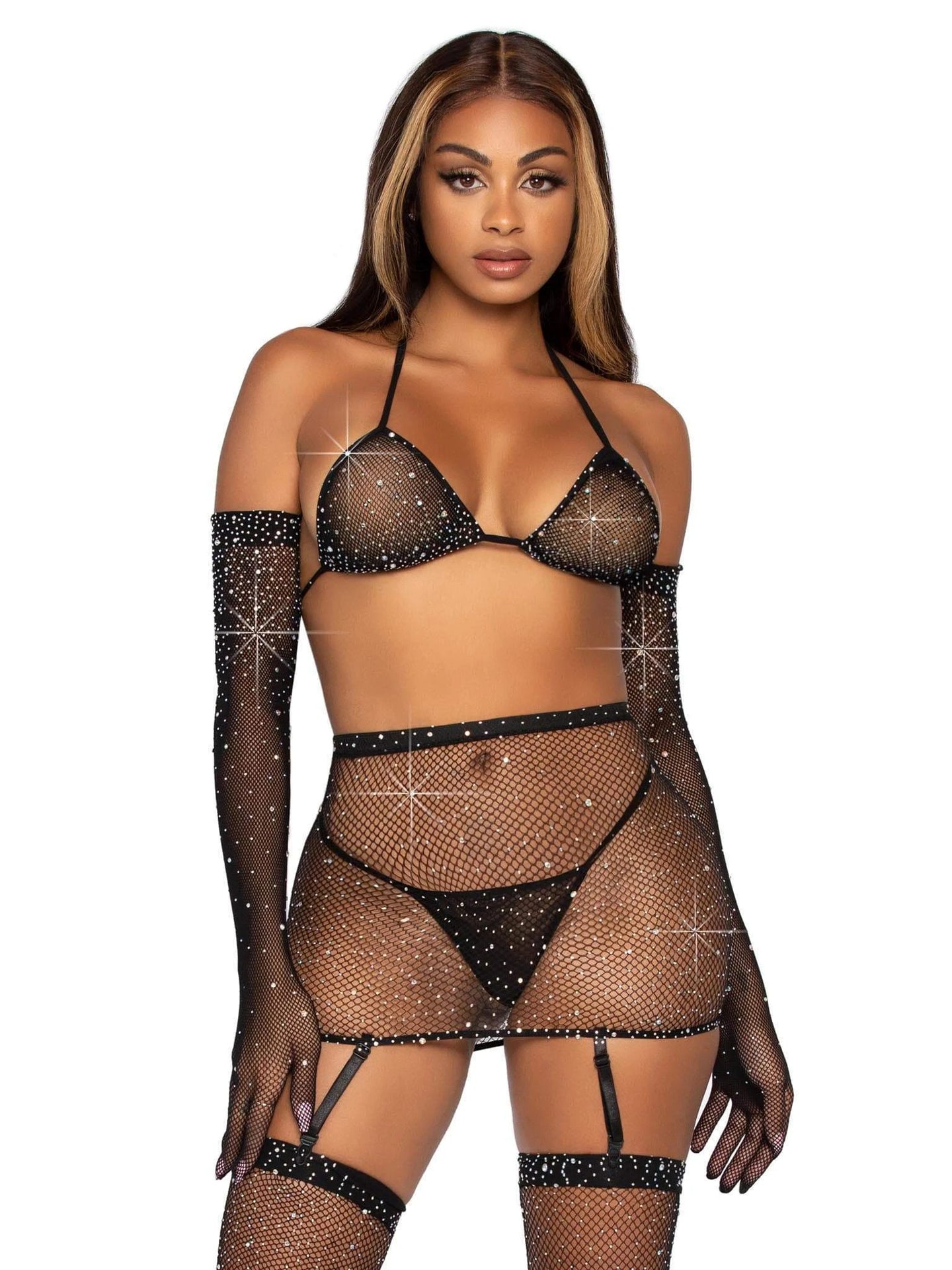 Sexy fishnet rhinestone lingerie set with stockings