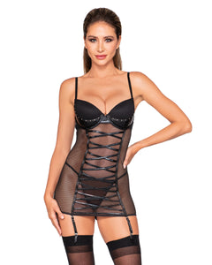 Sexy fishnet and faux leather garter dress