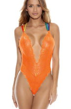 Exotic orange bodysuit with rainbow straps