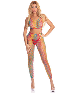 Rainbow fishnet bodystockings