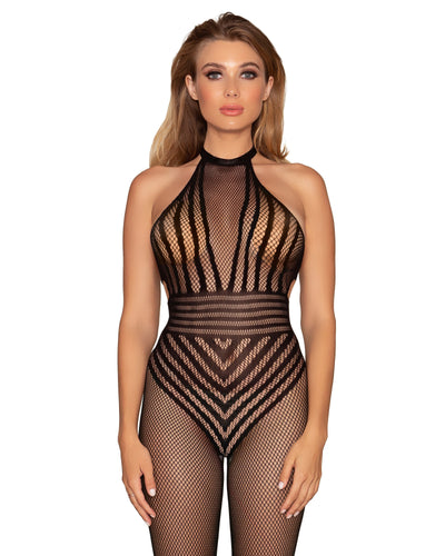 Fishnet bodystocking with knitted stripped bodysuit