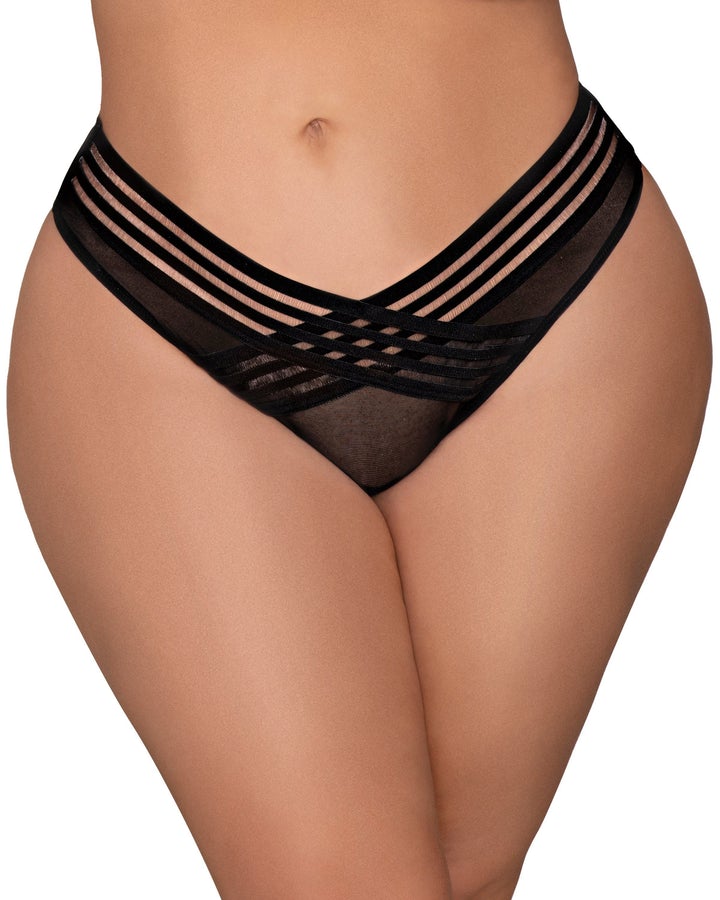Mesh plus size thong with shadow stripe elastic front detail