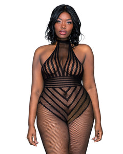 Fishnet bodystocking with knitted stripped bodysuit