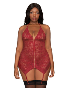 Sexy burgundy lace garter slip set