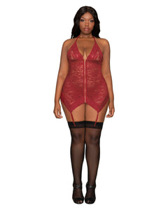 Sexy burgundy lace garter slip set