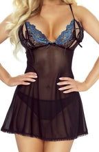 Provocative black and sapphire cupless babydoll