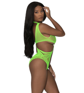 A cupless and crotchless neon bodysuit