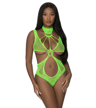 A cupless and crotchless neon bodysuit